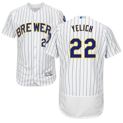 Brewers #22 Christian Yelich White Strip Flexbase Authentic Collection Stitched MLB Jersey - Click Image to Close